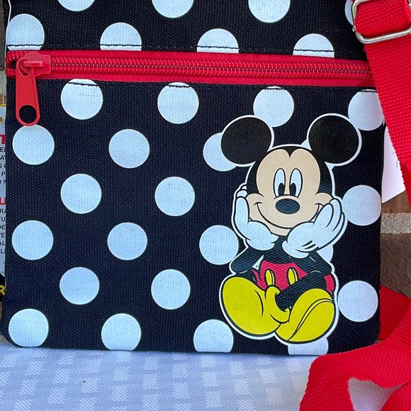 Disney Mickey Mouse Black Passport Bag With White Polka Dots - Picture 2 of 3